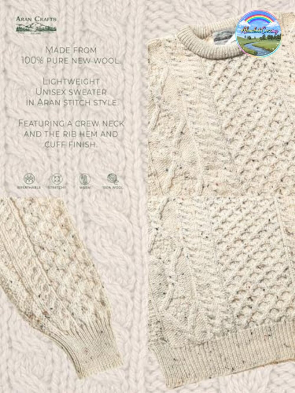 Unisex Cable Knit 100% Pure New Wool Crew Neck Sweater